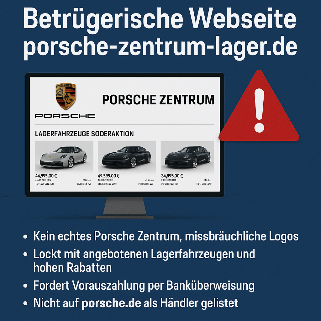Warnung vor Fake-Webseite porsche-zentrum-lager.de – Betrug mit PDF-Fahrzeuglisten und Ausweisforderung